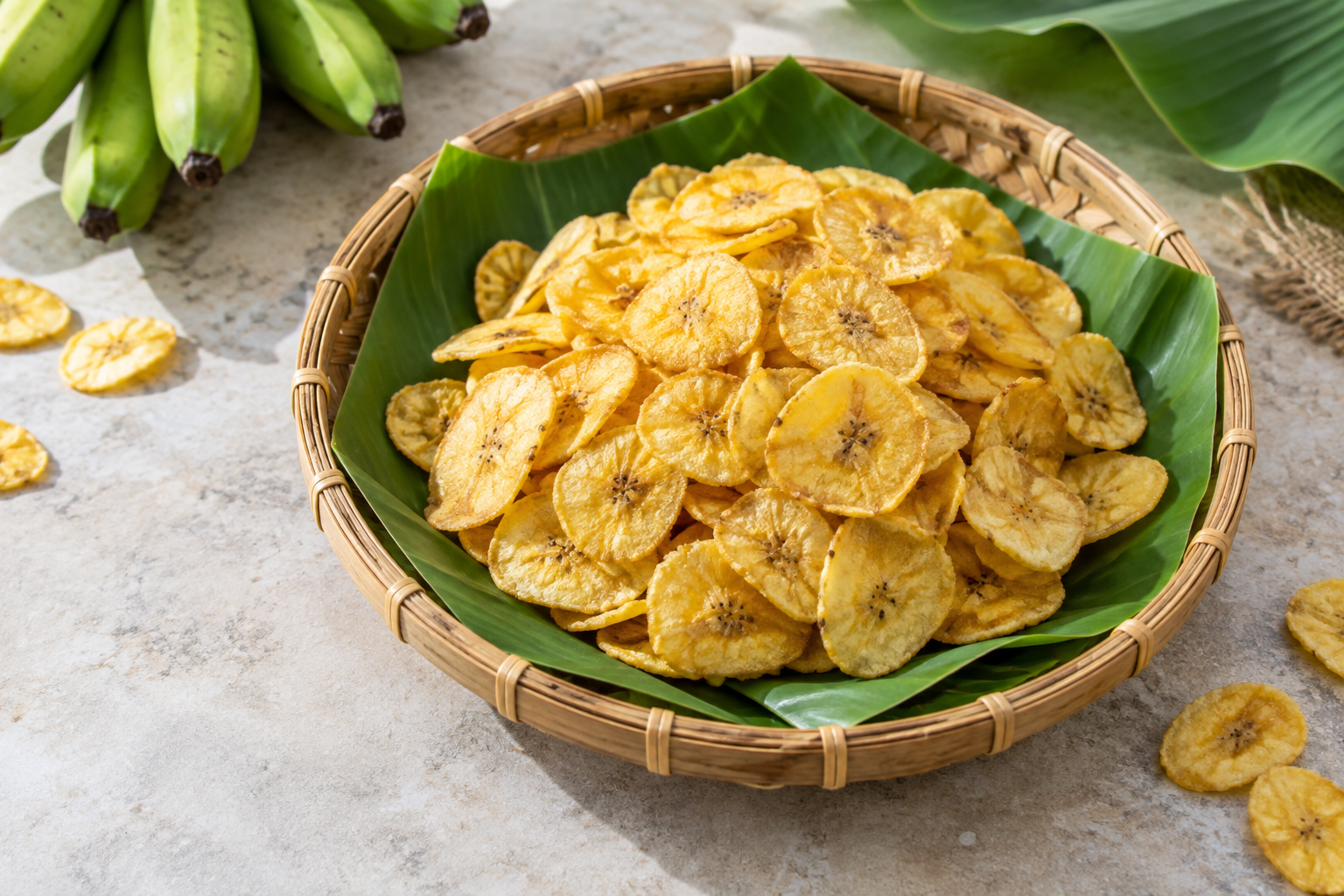 Golden banana chips served on a banana leaf in a woven tray