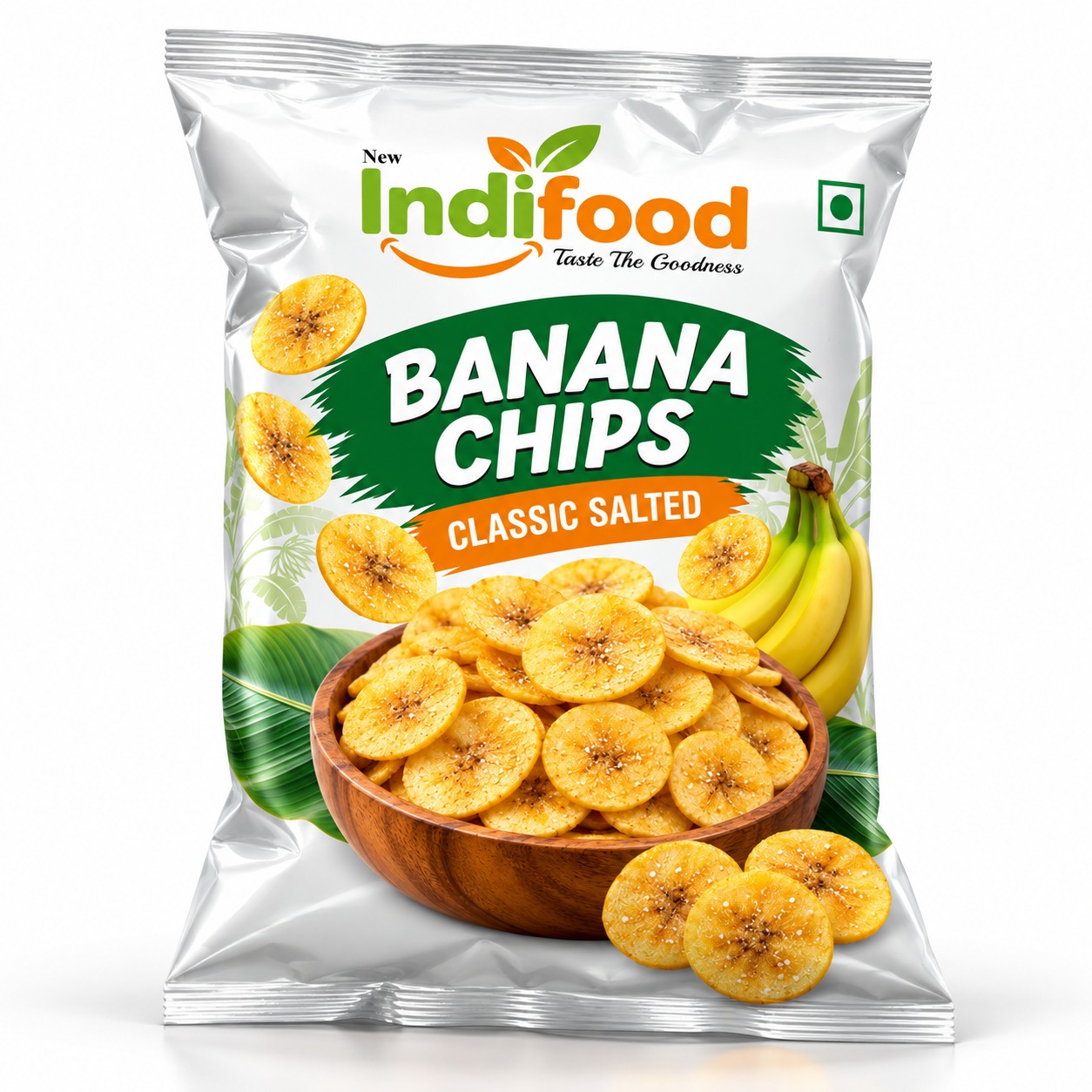 New Indifood Salted banana chips packaging